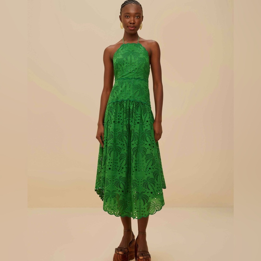 Farm Rio: Green Palm Tree Eyelet Halter Neck Midi Dress